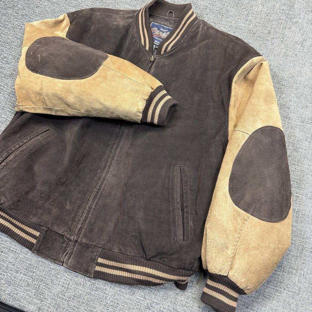 Vtg Varsity Leather Jacket Men's Large Brown Tan Suede Bomber Elbow Patch 90s